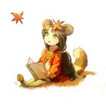  1girl absurdres animal_ears autumn_leaves blade_&amp;_soul book brown_hair dicorndl green_eyes highres leaf long_hair lyn_(blade_&amp;_soul) maple_leaf open_mouth simple_background sitting solo tail very_long_hair white_background 