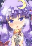  1girl :&lt; blush bust crescent food hair_ribbon highres looking_at_viewer mob_cap open_mouth patchouli_knowledge purple_hair ribbon solo sweet_potato touhou tress_ribbon usotsuki_penta violet_eyes 