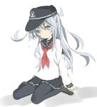  black_legwear blue_eyes blue_hair core_(mayomayo) hat hibiki_(kantai_collection) kantai_collection long_hair pantyhose school_uniform serafuku sitting wariza 