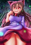  1girl absurdres animal_ears bamboo bamboo_forest blush breasts brooch brown_hair dior-zi dress fang finger_to_mouth fingernails forest highres imaizumi_kagerou jewelry large_breasts looking_at_viewer nature open_mouth panties pantyshot red_eyes solo touhou underwear wolf_ears 