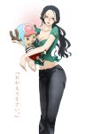  1girl alternate_hairstyle black_hair breasts carrying chikichiki_(robitema) cleavage large_breasts lipstick long_hair makeup mound_of_venus nico_robin one_piece tony_tony_chopper translated 