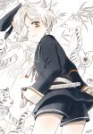 1boy from_behind gokotai_(touken_ranbu) hair_over_one_eye hat hat_removed headwear_removed looking_at_viewer looking_back male_focus military military_uniform mizuhara_aki peaked_cap sheath sheathed short_hair shorts solo tantou tiger tiger_cub touken_ranbu uniform white_hair white_tiger yellow_eyes 