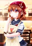  1girl apron blurry bowl brown_eyes brown_hair chipika chocolate chocolate_making cooking dated finger_licking food food_on_face hair_ornament hairclip highres ikazuchi_(kantai_collection) kantai_collection licking school_uniform serafuku short_hair solo tasting tongue tongue_out twitter_username valentine 