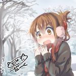  1girl blush breath brown_eyes brown_hair darkside earmuffs inazuma_(kantai_collection) kantai_collection scarf snow sweater 