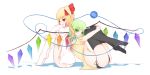  2girls back-to-back black_legwear black_panties blonde_hair dusk/dawn_(artist) eyeball flandre_scarlet green_eyes green_hair hair_ribbon highres komeiji_koishi leg_hug multiple_girls no_pants open_clothes open_mouth open_shirt panties puffy_short_sleeves puffy_sleeves red_eyes ribbon short_sleeves side-tie_panties side_ponytail sitting thigh-highs third_eye touhou trait_connection underwear white_legwear white_panties wings 