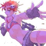  1boy bikini_top blue_eyes cosplay crossdressinging fingerless_gloves gloves gun hair_ornament jojo_no_kimyou_na_bouken joseph_joestar_(young) kirikabu-yume parody redhead scarf skull_hair_ornament solo tengen_toppa_gurren_lagann weapon yoko_littner yoko_littner_(cosplay) 