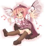  1girl animal_ears bird_wings bow brooch brown_dress brown_legwear dragoner dress fang hat jewelry juliet_sleeves long_sleeves lowres musical_note mystia_lorelei open_mouth outstretched_arms panties pantyshot pantyshot_(standing) pink_hair puffy_sleeves shirt smile solo standing striped striped_panties thigh-highs touhou underwear upskirt wings yellow_eyes 