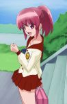 1girl :d aino_megumi bag happinesscharge_precure! haruyama_kazunori looking_at_viewer open_mouth pink_hair ponytail precure red_skirt school_uniform short_hair skirt smile solo stairs 