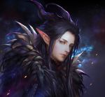  androgynous black_hair brown_eyes cdash817 elf feathers highres horns original pointy_ears realistic solo 