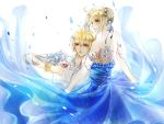  1boy 1girl backless_outfit bingxiaojian blonde_hair blue_dress bracelet cup dress fate/stay_night fate_(series) formal gilgamesh hair_bun highres jewelry saber suit tattoo wine_glass 
