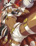  1girl belt breasts commentary_request dark_skin guilty_gear guilty_gear_xrd hat highres ippo looking_at_viewer looking_down ramlethal_valentine red_eyes short_shorts shorts solo thighs under_boob white_hair 