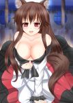  1girl animal_ears bare_shoulders breasts brown_hair bust cleavage collarbone dress_pull fang highres imaizumi_kagerou large_breasts leaning_forward long_hair long_sleeves looking_at_viewer naughty_face open_mouth red_eyes shiro_usagi solo sweat touhou wolf_ears 
