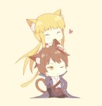  2boys :3 ^_^ anchor animal_ears biting blonde_hair brown_hair cat_ears cat_tail chibi closed_eyes coat ear_biting heart highres jewelry kemonomimi_mode multiple_boys necklace one_eye_closed ponytail sitting tail umineko_no_naku_koro_ni ushiromiya_lion vopsea willard_h_wright yellow_eyes 