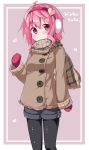  1girl alternate_costume black_legwear blush earmuffs frame hairband heart jacket komeiji_satori long_sleeves looking_at_viewer mittens ominaeshi_(takenoko) pantyhose pink_eyes pink_hair scarf shorts solo touhou winter_clothes 