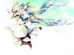  1girl blue_eyes blue_hair boots capelet dress flower gradient_hair green_hair hatsune_miku highres jumping lily_(flower) long_hair long_sleeves multicolored_hair open_mouth rabbit shuzi silver_hair smile solo twintails very_long_hair vocaloid white_dress wide_sleeves yuki_miku 