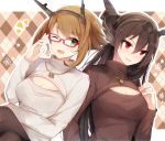  2girls ;d adjusting_glasses bespectacled black_hair breasts brown_hair cleavage cleavage_cutout glasses green_eyes hairband hiiragisouren jewelry kantai_collection long_hair multiple_girls mutsu_(kantai_collection) nagato_(kantai_collection) necklace one_eye_closed open-chest_sweater open_mouth red_eyes ribbed_sweater smile sweater turtleneck 