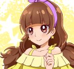  1girl absurdres alternate_eye_color amanogawa_kirara bare_shoulders blush brown_eyes brown_hair bust clenched_hand closed_mouth collarbone earrings eyelashes go!_princess_precure hairband highres jewelry long_hair precure ribbon sharumon smile solo star star_earrings starry_background twintails yellow_background 