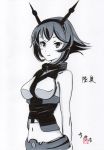  1girl arms_behind_back breasts bust headgear highres kantai_collection light_smile looking_at_viewer midriff monochrome mutsu_(kantai_collection) navel potecat short_hair simple_background sleeveless solo white_background 