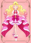  1girl blonde_hair closed_eyes cure_flora dress dress_lift earrings gloves go!_princess_precure haruno_haruka jewelry kanro_(nijiiro) long_hair magical_girl multicolored_hair pink_background pink_hair precure smile solo two-tone_hair white_gloves 