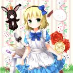  1girl alice_(wonderland) alice_(wonderland)_(cosplay) alice_in_wonderland anko_(gochuumon_wa_usagi_desuka?) blonde_hair cosplay dress faubynet gochuumon_wa_usagi_desuka? green_eyes highres kirima_sharo looking_at_viewer short_hair solo tippy_(gochuumon_wa_usagi_desuka?) 