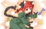  1girl animal_ears artist_name bow braid cat_ears cat_tail dated hair_bow kaenbyou_rin musical_note oniku_(o_ni_q) open_mouth red_eyes redhead ribbon short_hair smile solo star tail touhou twin_braids 
