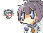  2girls aoba_(kantai_collection) blue_eyes chibi gomasamune grey_hair hiding kantai_collection multiple_girls school_uniform serafuku shinkaisei-kan short_ponytail super_mario_bros. super_mushroom sweatdrop wo-class_aircraft_carrier 