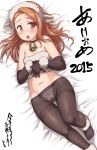  1girl 2015 animal_costume animal_ears bell black_legwear blush breasts brown_hair collar crotch_seam elbow_gloves gloves hairband idolmaster long_hair looking_at_viewer lying midriff minase_iori navel new_year on_back open_mouth panties panties_under_pantyhose pantyhose red_eyes sheep_costume sheep_ears solo sweatdrop thighband_pantyhose ttomm underwear 