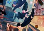  black_hair dutch_angle falling gakuran highres holding_hands long multiple_boys multiple_girls original school school_uniform serafuku zipperradio 