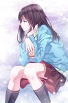  1girl black_legwear brown_eyes brown_hair can elbow_rest from_side holding_can long_hair original profile sitting skirt snow socks solo soujun7023 sweater 