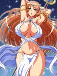  1girl aokura_shou armlet armpits arms_up breasts brown_hair green_eyes highres large_breasts long_hair looking_at_viewer navel original parted_lips solo staff wide_hips 