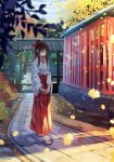  1girl architecture autumn brown_hair closed_eyes east_asian_architecture japanese_clothes leaf long_hair miko original ponytail solo soujun7023 walking 