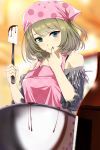  1girl apron bandages chocolate dripping female finger_in_mouth highres idolmaster idolmaster_cinderella_girls infinote smile solo takagaki_kaede 