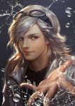  1boy ash_(artist) brown_eyes cdash817 goggles goggles_on_head grey_hair grin jacket marvel pietro_maximoff quicksilver realistic silver_hair smile solo water_droplets x-men x-men:_days_of_future_past 