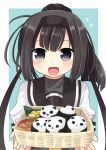  1girl :d akizuki_(kantai_collection) black_eyes black_hair blue_background blush flying_sweatdrops food hachimaki headband kantai_collection looking_at_viewer nagasioo obentou onigiri open_mouth ponytail smile 