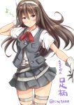  1girl alternate_costume ashigara_(kantai_collection) bowtie brown_hair collared_shirt cowboy_shot feesu_(rinc7600) gloves grey_skirt hairband hand_on_own_head highres kantai_collection long_hair maikaze_(kantai_collection) maikaze_(kantai_collection)_(cosplay) musical_note pleated_skirt red_bow school_uniform simple_background skirt solo vest white_background white_gloves 