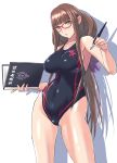 1girl aoki_hagane_no_arpeggio book brown_hair competition_swimsuit fountain_pen glasses hiei_(aoki_hagane_no_arpeggio) highres long_hair nenchi one-piece_swimsuit pen standing swimsuit yellow_eyes 