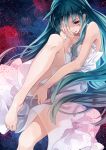  1girl bare_shoulders barefoot blood blood_splatter bloody_tears clenched_teeth dress green_hair hand_on_own_face long_hair original red_eyes solo soujun7023 white_dress 