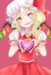  1girl :d blonde_hair chocolates fangs flandre_scarlet gift head_tilt heart-shaped_box looking_at_viewer mob_cap open_mouth red_eyes rosette_(roze-ko) side_ponytail skirt skirt_set smile solo touhou tsurime vest wings 