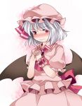  1girl ascot bat_wings blush bow brooch commentary_request embarrassed hammer_(sunset_beach) hands_clasped hat jewelry red_eyes remilia_scarlet short_hair silver_hair skirt skirt_set solo touhou wavy_mouth wings 