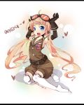  1girl blonde_hair blue_eyes blush dungeon_and_fighter elbow_gloves gloves goggles goggles_on_head korean long_hair looking_at_viewer ripe.c smile solo thigh-highs twintails 