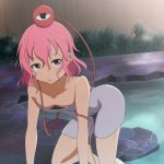  1girl all_fours anime_coloring cato_(monocatienus) collarbone downblouse eyeball komeiji_satori looking_at_viewer naked_towel onsen pink_eyes pink_hair small_breasts solo third_eye touhou towel wet wet_hair 