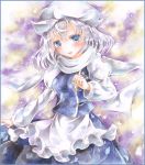 1girl apron blue_eyes blush border colored_pencil_(medium) gradient gradient_background hat hoppesatou juliet_sleeves letty_whiterock long_sleeves looking_at_viewer marker_(medium) open_mouth pin puffy_sleeves raised_hand scarf short_hair silver_hair skirt skirt_set solo touhou traditional_media waist_apron watercolor_(medium) 