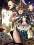  1girl ace animal_ears architecture blue_eyes bridge brown_hair card clubs diamond_(shape) east_asian_architecture furyou_michi_~gang_road~ hair_ornament heart highres indoors long_hair open_mouth playing_card poker rabbit_ears rebecca_myers solo_focus spade tob tree 