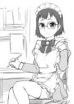  1girl alternate_costume apron blush bow chair desk embarrassed enmaided frills glasses iguchi_yumi long_sleeves looking_at_viewer maid maid_headdress monochrome office_chair pencil puffy_sleeves shirobako short_hair sitting sketch solo thigh-highs ueyama_michirou 