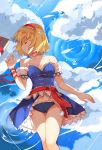  1girl absurdres adapted_costume alice_margatroid arm_cuffs bare_shoulders blonde_hair blue_dress blue_panties book breasts bubble choker cleavage clouds collarbone dress greetload grimoire hairband highres legs lying on_back panties reflection ribbon ripples short_hair sleeping sunlight thighs thigsh touhou underwear water 
