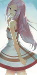  1girl anemone_(eureka_seven) bare_arms bare_shoulders cccpo dress eureka_seven eureka_seven_(series) grey_eyes hair_ornament highres long_hair looking_at_viewer looking_back open_mouth purple_hair sleeveless sleeveless_dress smile solo striped striped_dress sundress very_long_hair 