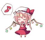  1girl alternate_wings arms_behind_back ascot blonde_hair bow chibi closed_eyes dress flandre_scarlet hat hat_bow mob_cap musical_note ominaeshi_(takenoko) open_mouth red_dress shirt side_ponytail singing solo spoken_musical_note star touhou wings 