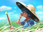  1boy bayashiko blue_hair bust butterfly clouds dirty grass hat japanese_clothes male_focus outdoors profile sayosamonji short_hair sky solo straw_hat touken_ranbu 