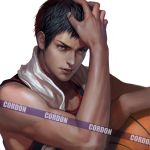  aomine_daiki basketball basketball_uniform black_hair blue_eyes blue_hair cdash817 dark_skin kuroko_no_basuke lips realistic sportswear towel towel_around_neck 