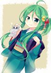  &gt;:) 1girl ahoge alternate_costume alternate_hairstyle crescent_hair_ornament flower green_eyes green_hair hair_flower hair_ornament holding_paper japanese_clothes kantai_collection kimono nagasioo nagatsuki_(kantai_collection) omikuji yukata 